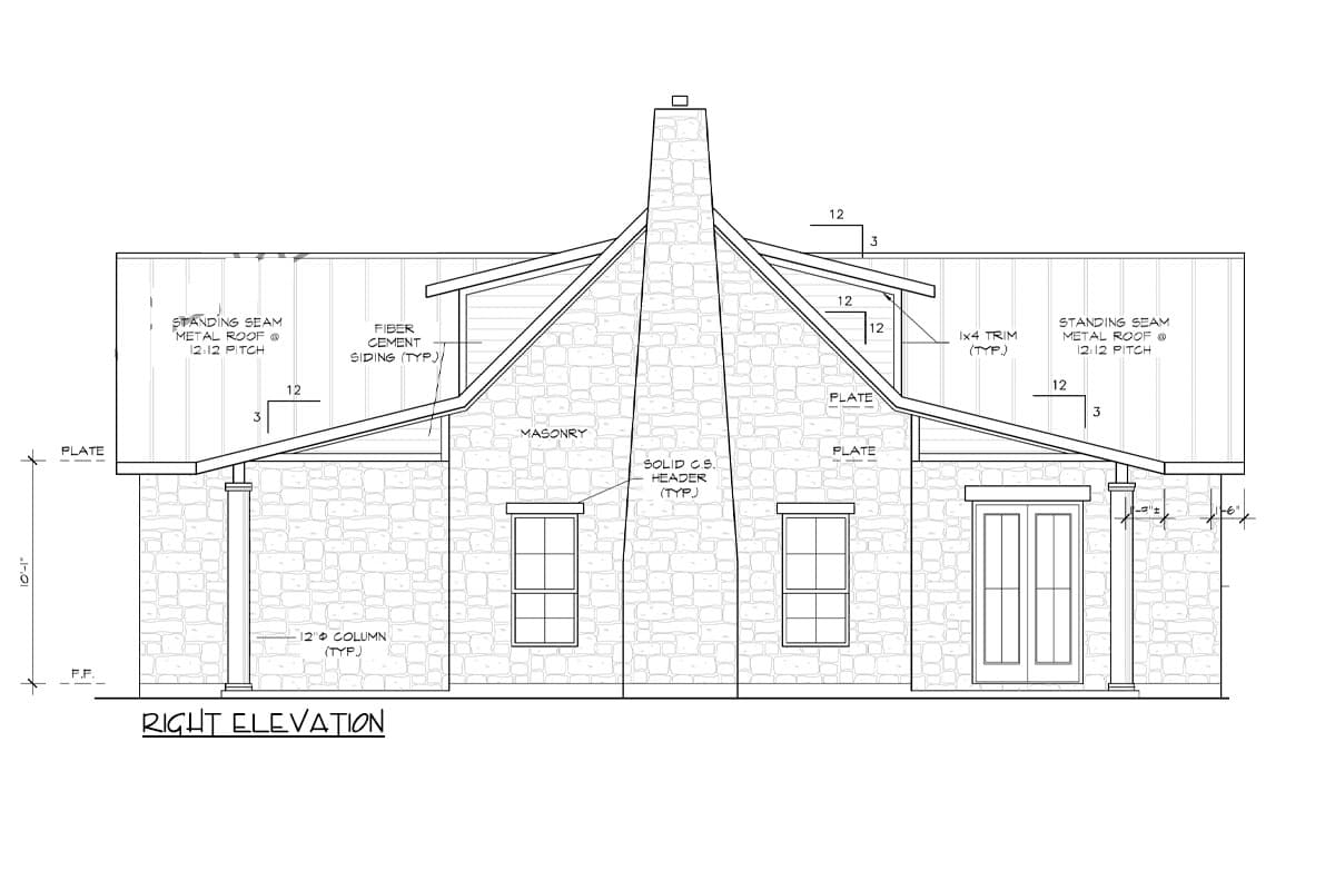 Right elevation house plan drawing showing masonry walls, standing seam metal roof, gables, and a large central chimney.
