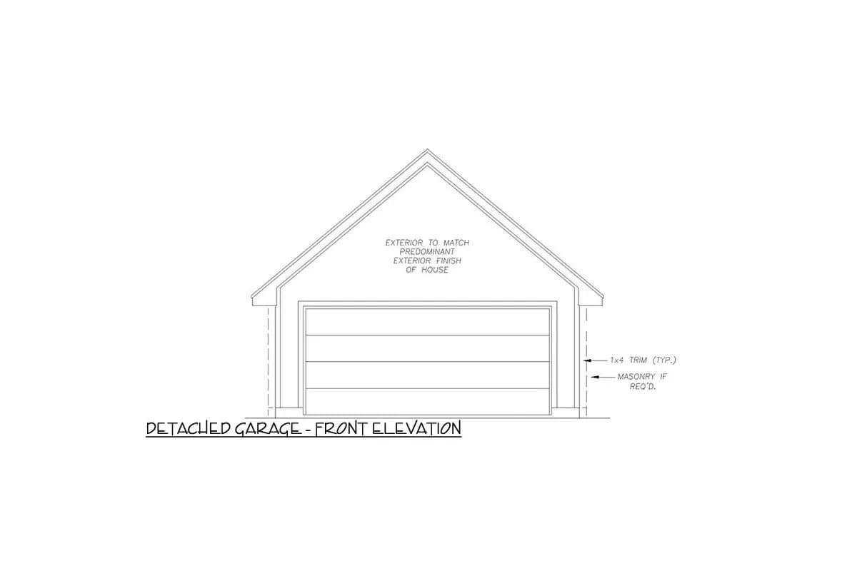 Detached garage front elevation drawing showing a gable roof, horizontal garage door, and trim details.