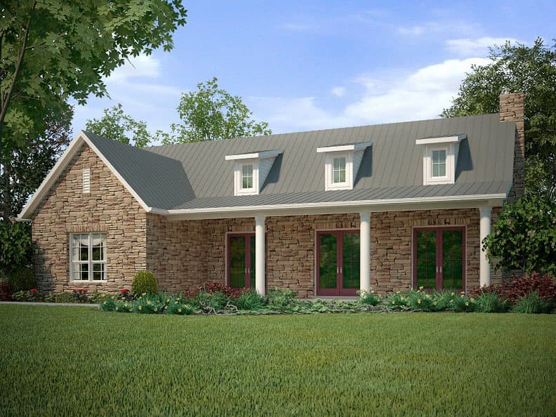 House plan exterior: One-story home with stone facade, metal roof, dormer windows, covered porch with columns, and a prominent stone chimney.