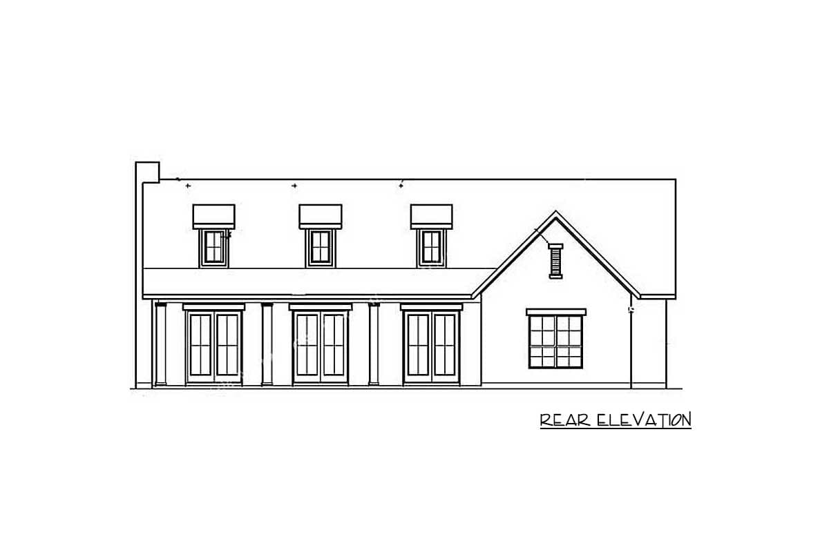 Rear elevation house plan showing a covered porch with columns, multiple dormers, and a gabled section with a window.