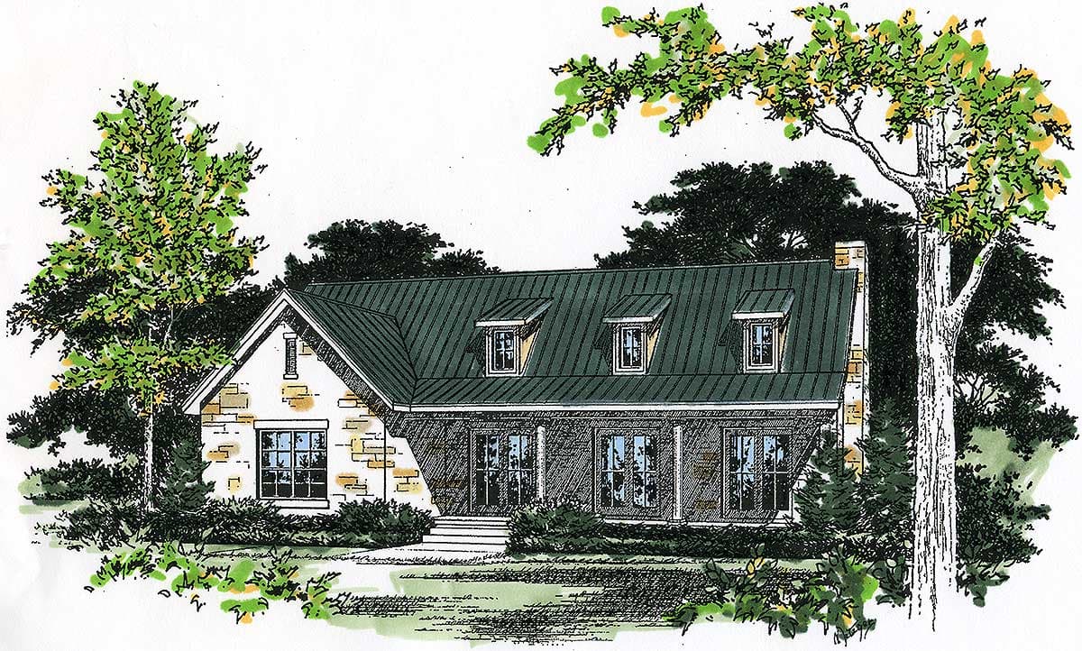House plan exterior: One-story home with stone facade, full-length porch, and three dormers on a metal roof.