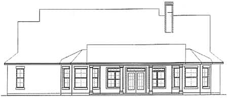 House plan elevation drawing of a one-story home with a covered porch, double doors, and multiple windows.