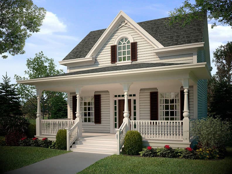 House plan exterior: Two-story house with a wraparound porch, gable dormer, and arched window.