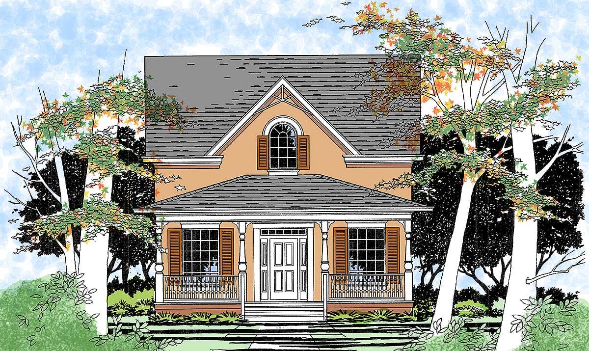 House plan exterior showing a two-story home with a prominent front gable, arched dormer window, and wrap-around porch.