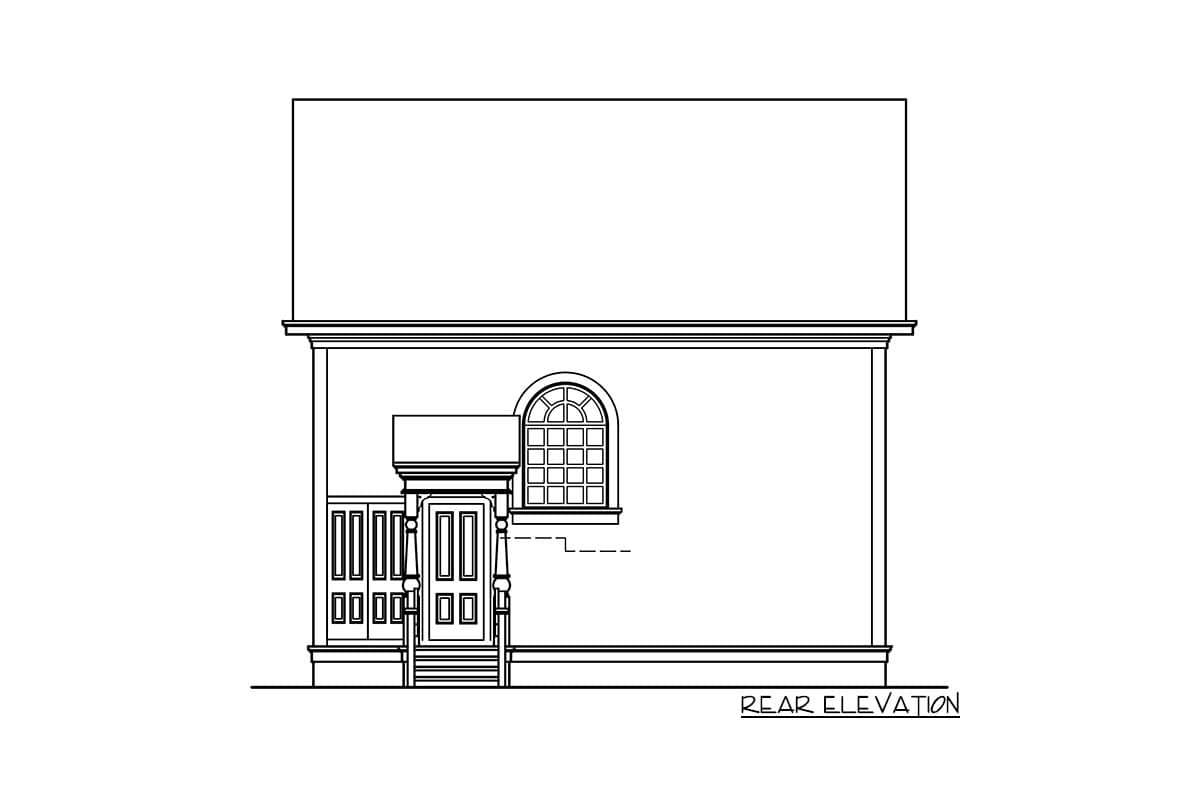 Rear elevation house plan drawing shows a centered door with a pediment, a Palladian window, and a porch with railing.