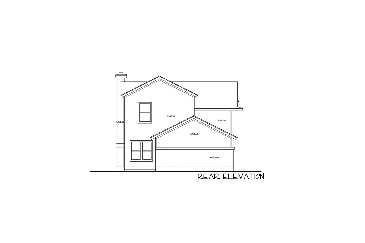 Rear elevation drawing of a two-story house plan with stucco siding, a masonry base, and a prominent gable.
