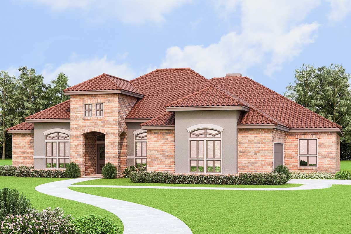 House plan exterior. One-story Mediterranean style with a tile roof, brick facade, arched windows, and a portico at the entry.