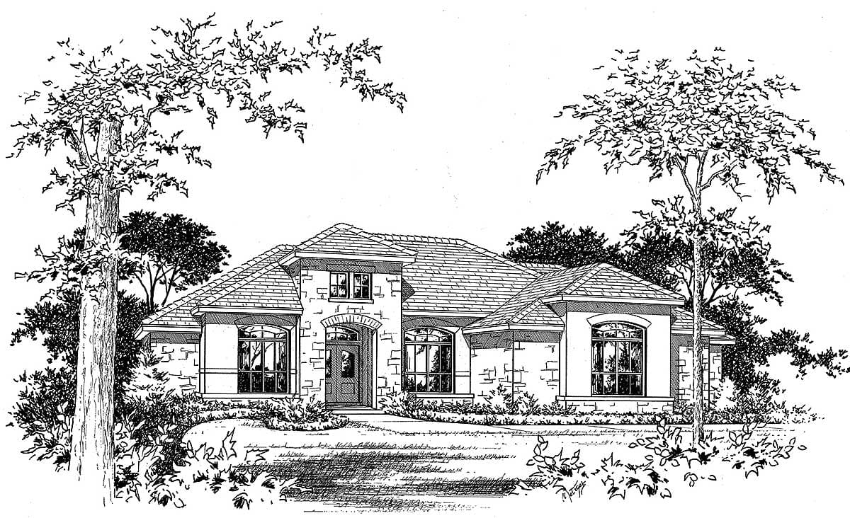 House plan exterior of a one-story home with stone accents, arched windows, a covered entryway, and multiple gables.