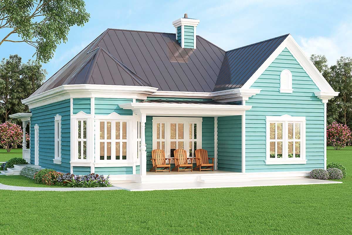 House plan exterior: Traditional style, one story, with a covered porch, gables, and white trim.
