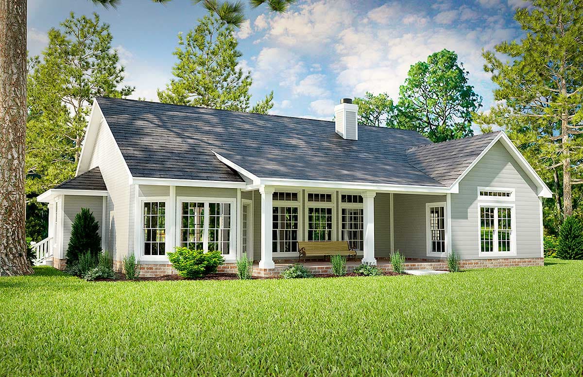 House plan exterior: single-story Modern Farmhouse with covered porch, gables, and multiple dormer windows.