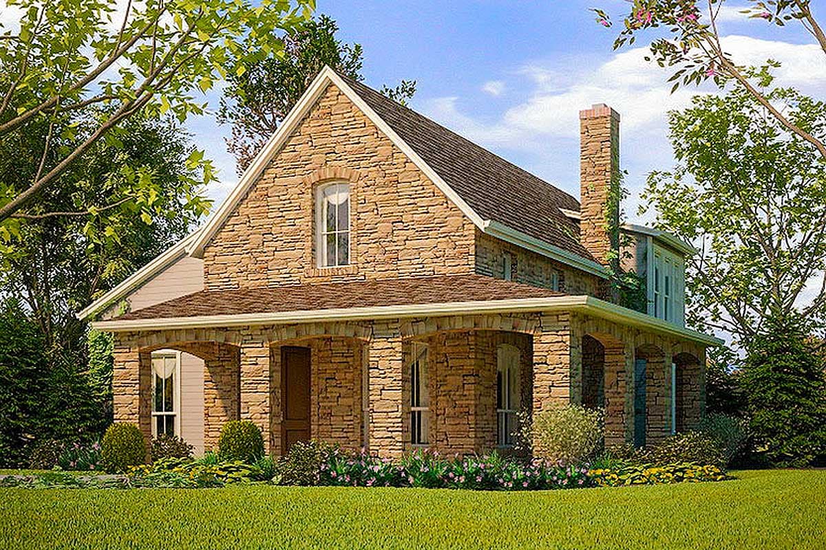 House plan exterior with stone facade, arched covered porch, gabled roof, and prominent chimney.