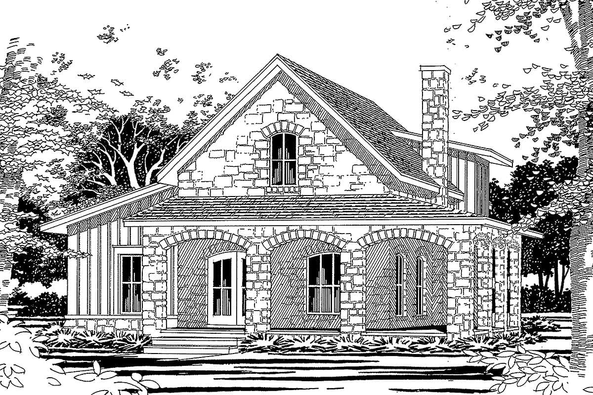 House plan exterior: One-story stone structure with arched entryways, gabled roof, dormer window, and prominent brick chimney.