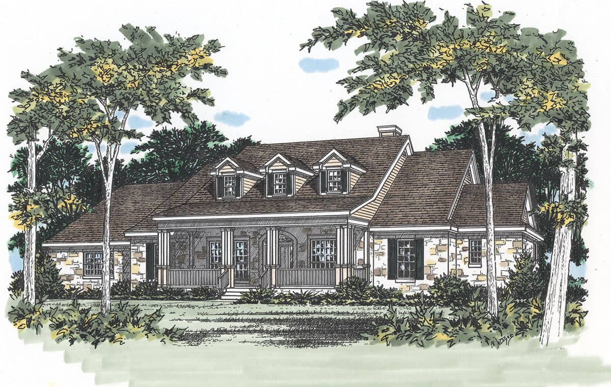House plan exterior: Ranch style, stone accents, full front porch with columns, multiple dormers on a steeply pitched roof.