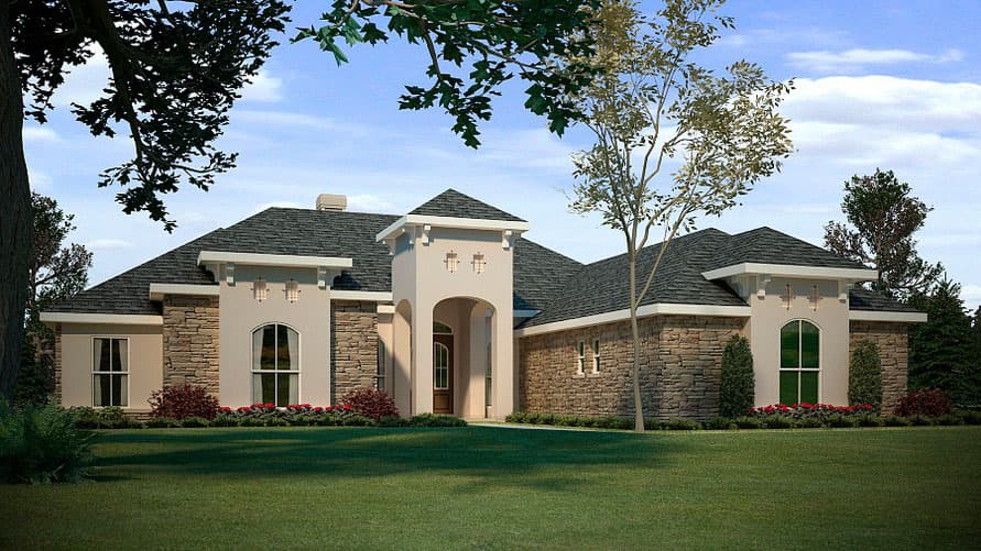 House plan exterior featuring stone accents, arched windows, and a prominent arched entryway with a tower.