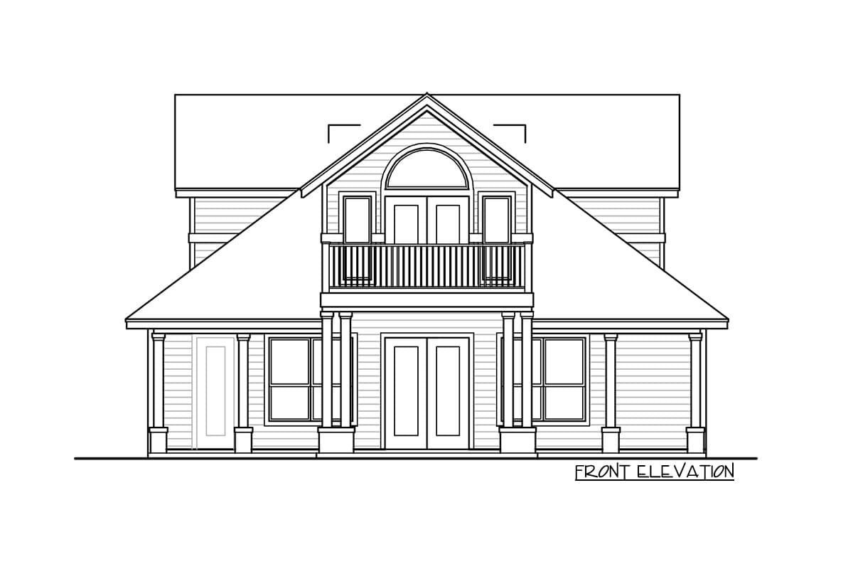 Front elevation drawing of a two-story house plan with a balcony, arched dormer, and covered porch with columns.
