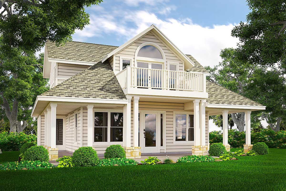 House plan exterior: Two-story home with a wraparound porch, second-story balcony with arched window above, and gabled dormers.