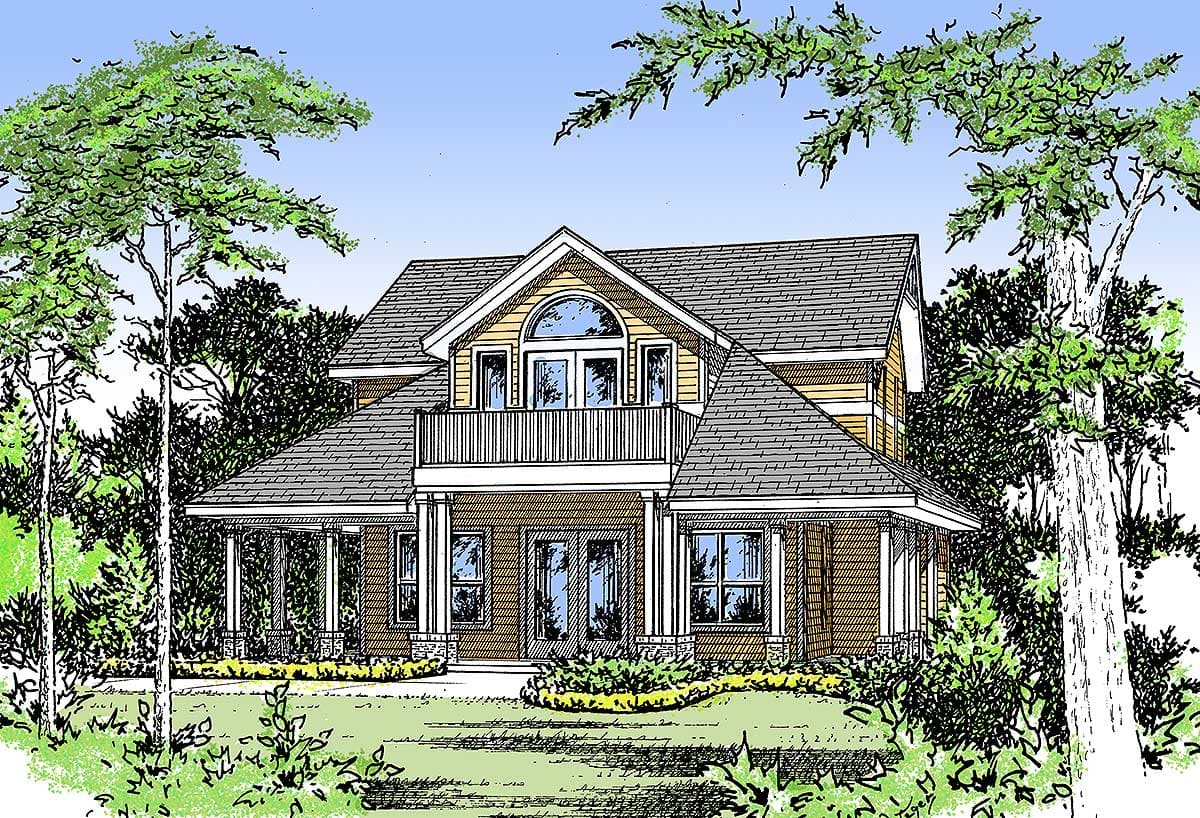House plan exterior, two stories, wrap-around porch, second-story balcony, and arched dormer window.
