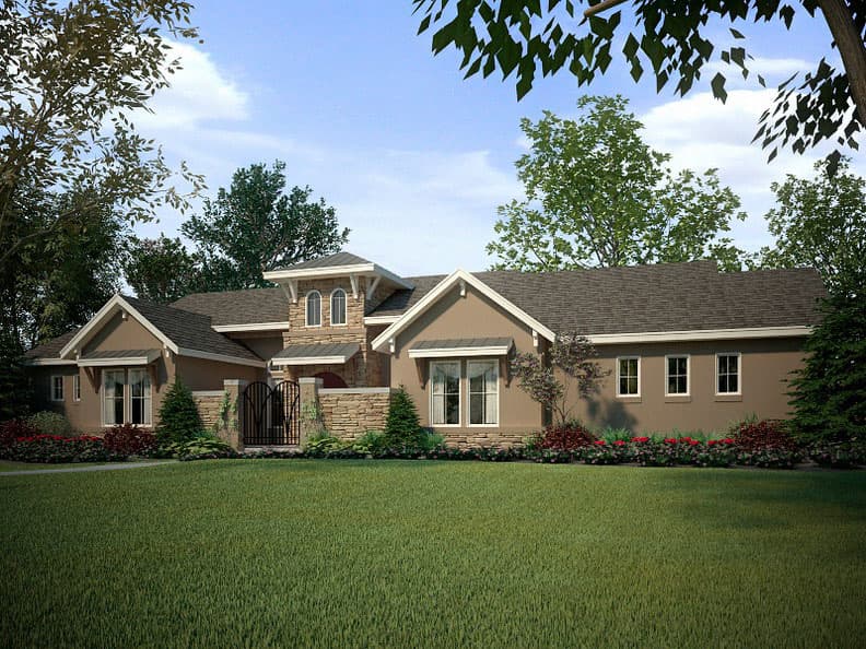 House plan exterior featuring a prominent stone tower with arched windows, gabled dormers, and a fenced entrance. Single story.