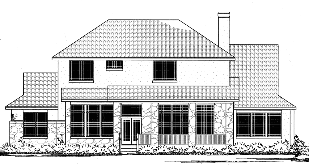 House plan exterior drawing of a two-story home with stone accents, multiple gables, and a covered porch.