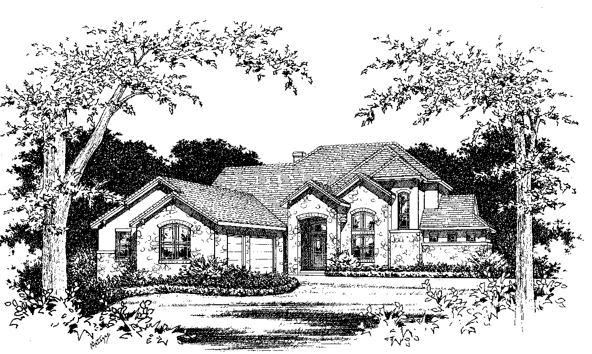 House plan exterior drawing shows a one-story home with stone accents, a gabled front entrance, and an attached garage.