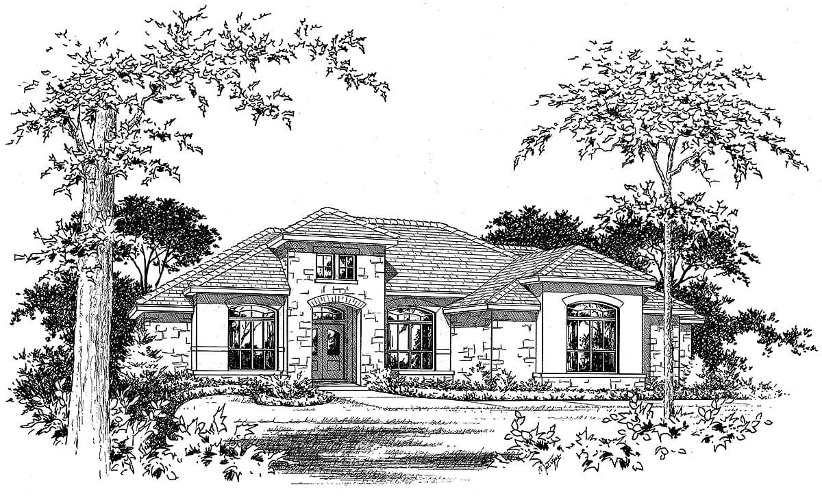 House plan exterior of a single-story home with a tiled roof, arched windows, and stone accents.