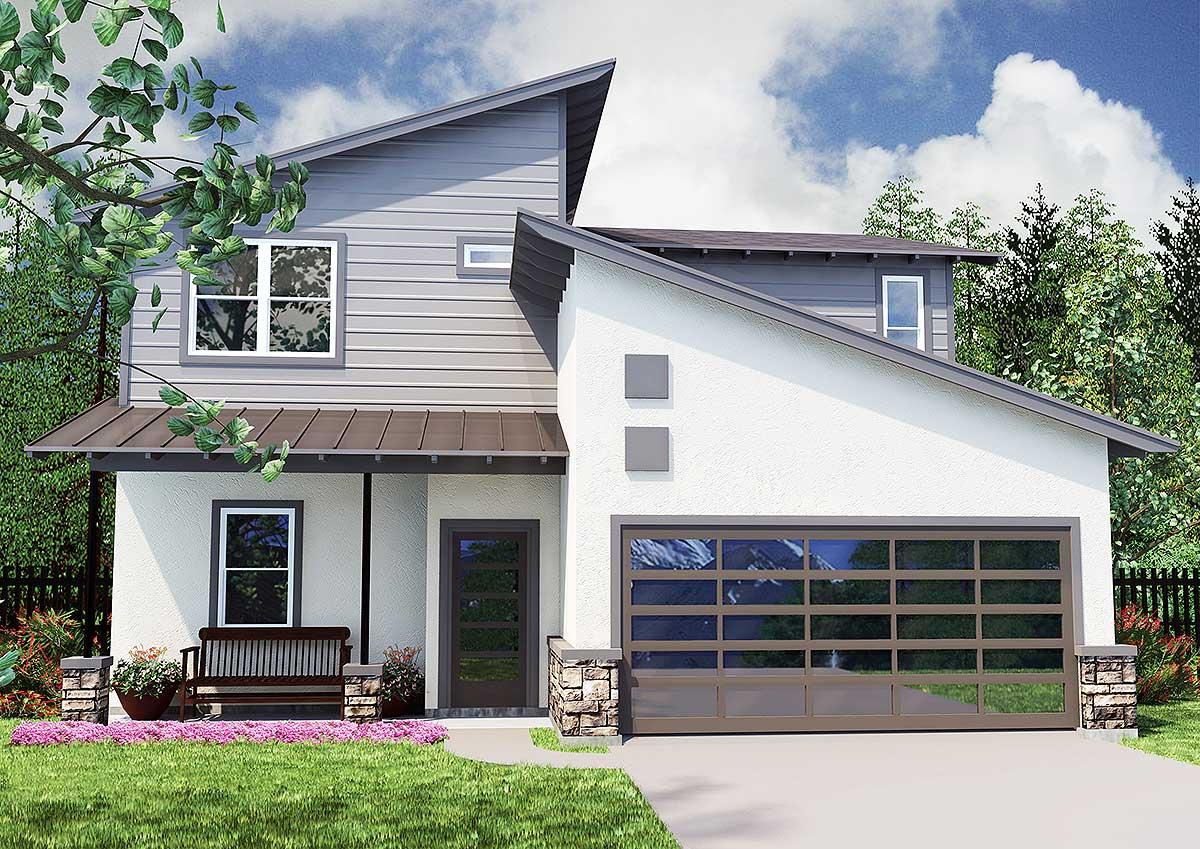 House plan exterior: Two-story modern home with asymmetrical rooflines, horizontal siding, stucco, a covered porch, and a glass-paneled garage door.