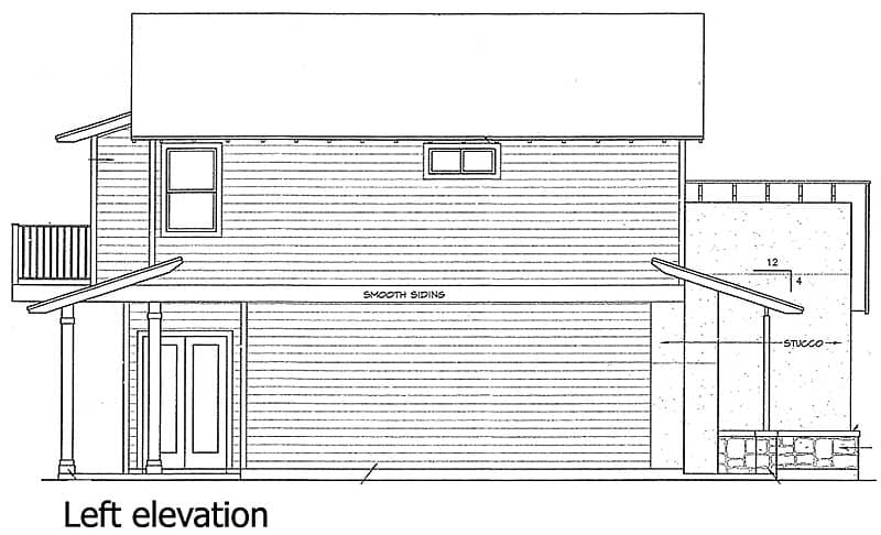 Left elevation drawing of a two-story house with smooth siding, a covered porch, and stucco detailing.