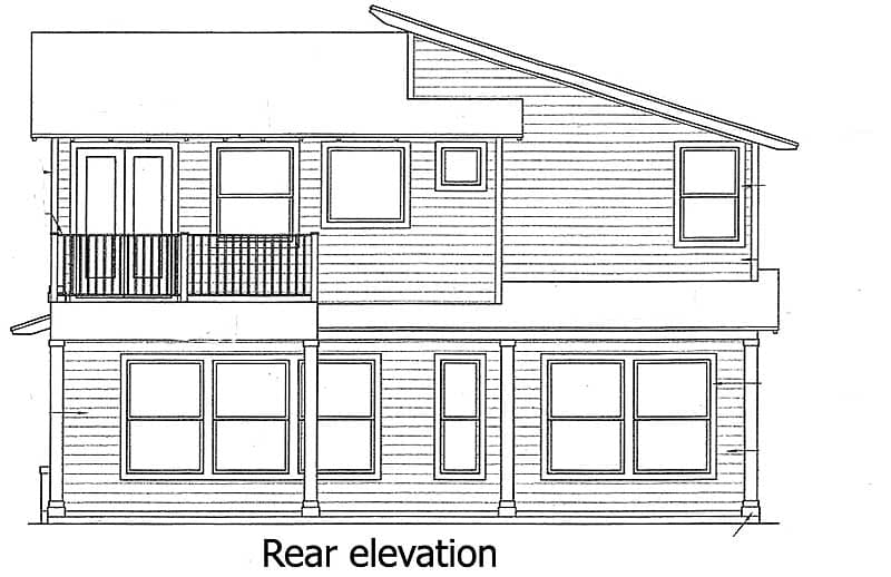 Rear elevation drawing of a two-story house with a balcony, multiple windows, and a sloped roof.