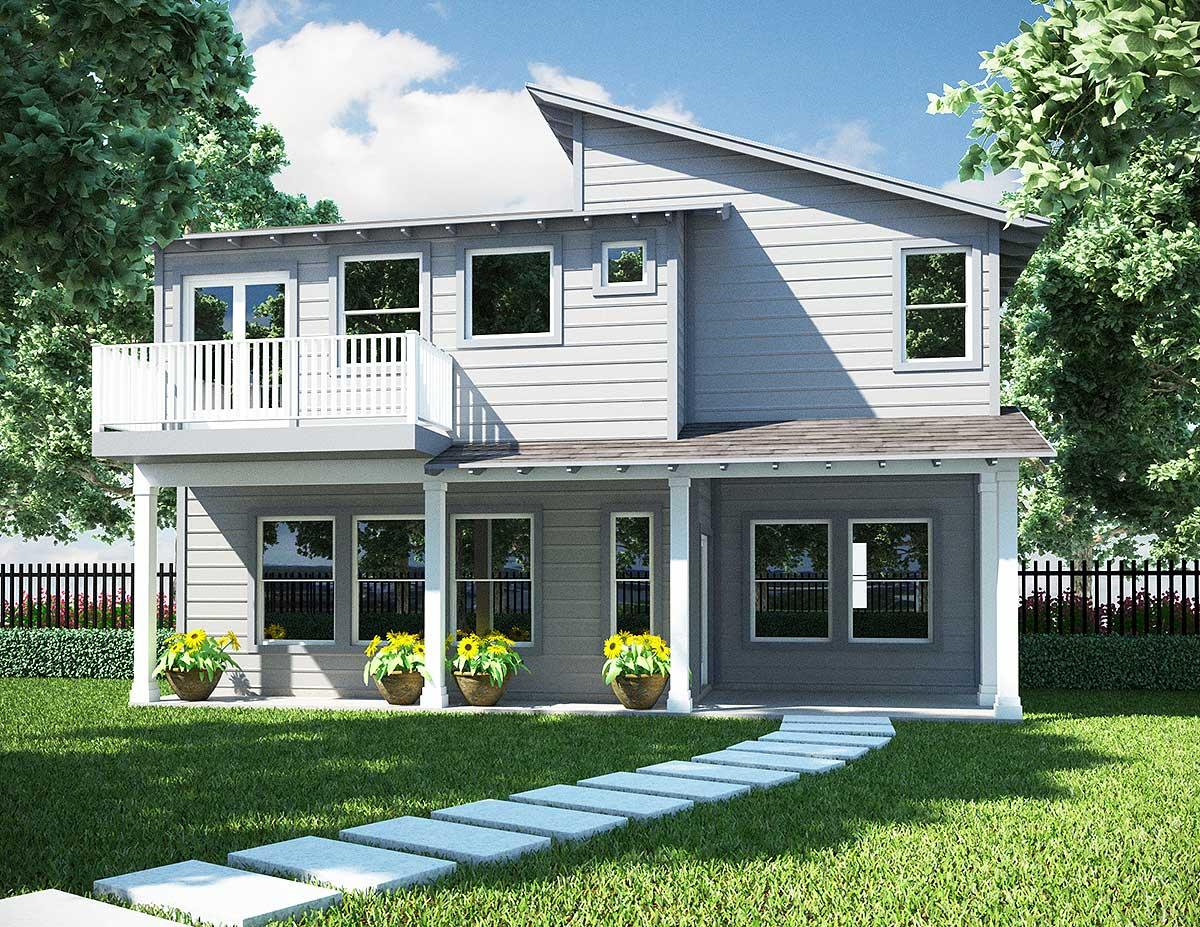Two-story Modern house plan exterior with a prominent balcony, covered porch, and asymmetrical roofline.