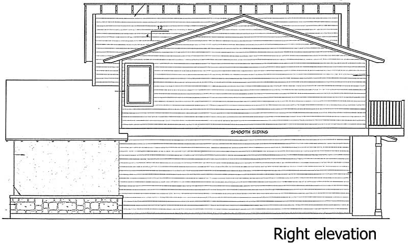 Right elevation drawing of a house plan, featuring smooth siding, a gabled roof, and a deck.