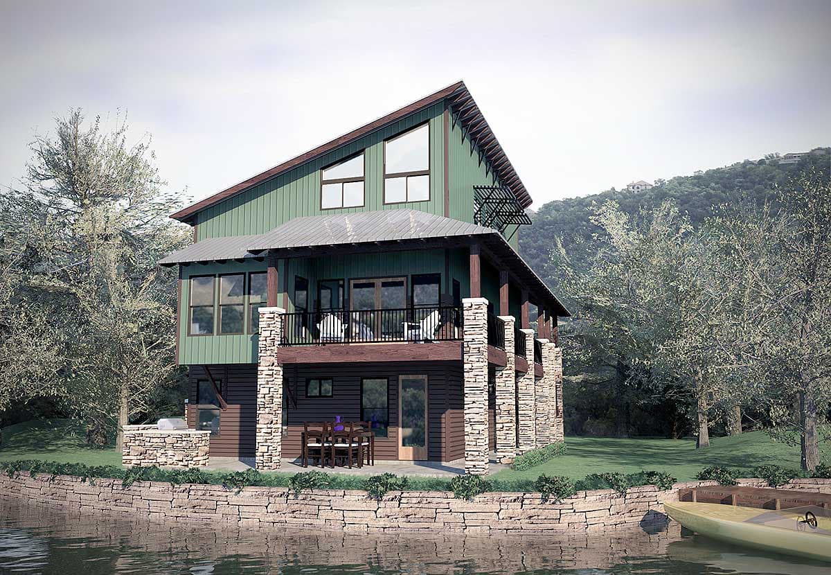 House plan exterior: Two-story home with a steep gable roof, metal roof, stone accents, covered deck, and large windows.