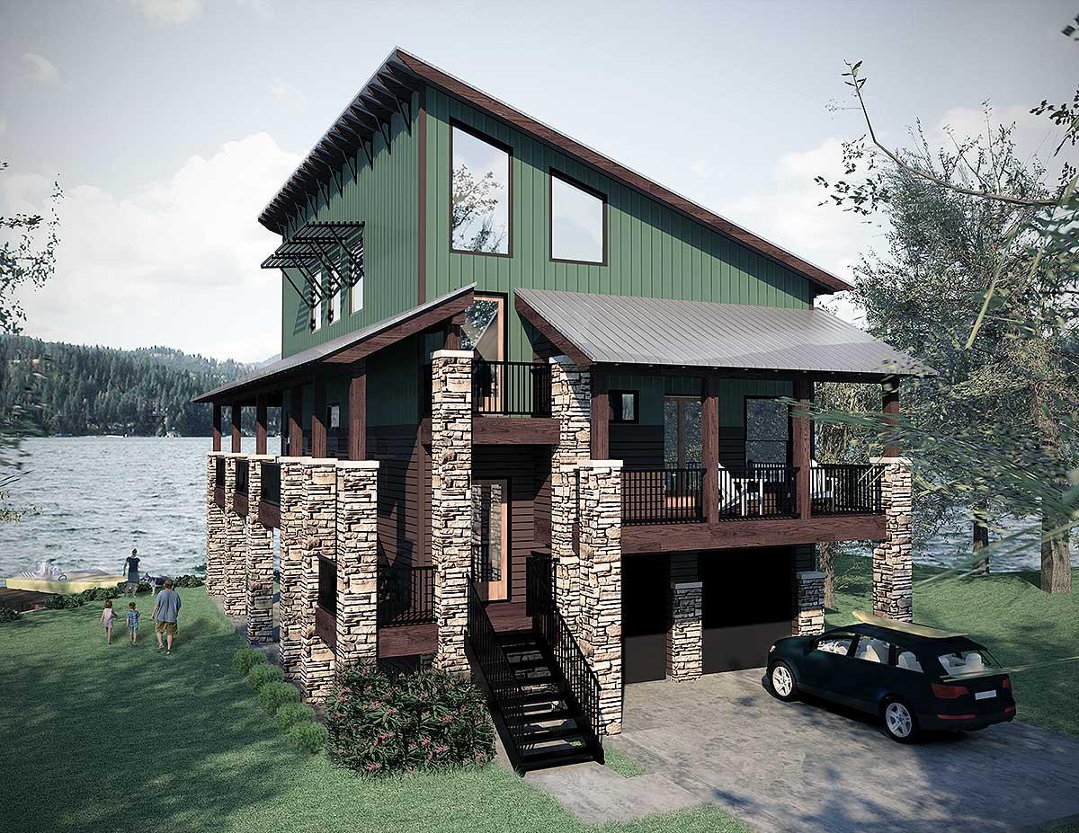 Modern house plan exterior with metal roof, stone accents, covered deck, and multiple levels.