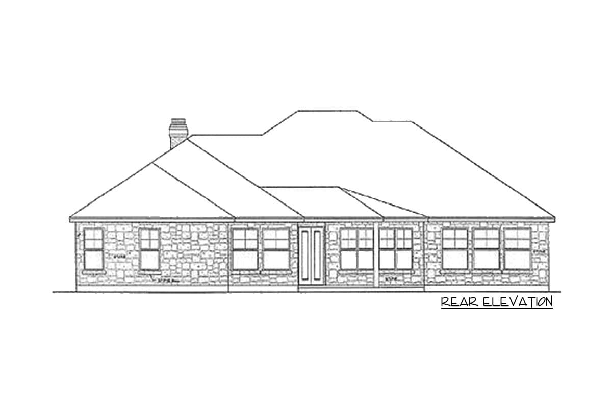Rear elevation of a house plan with stone exterior, multiple windows, and a prominent roofline with a chimney.
