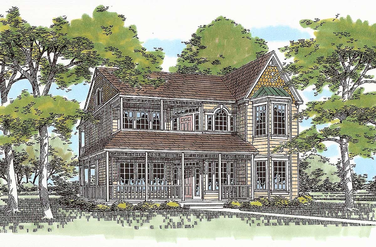 House plan exterior: Two-story home with wrap-around porch, bay window, gables, and dormers.