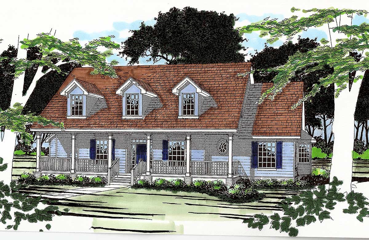 House plan exterior: Ranch style with full front porch, dormers, and a prominent chimney.