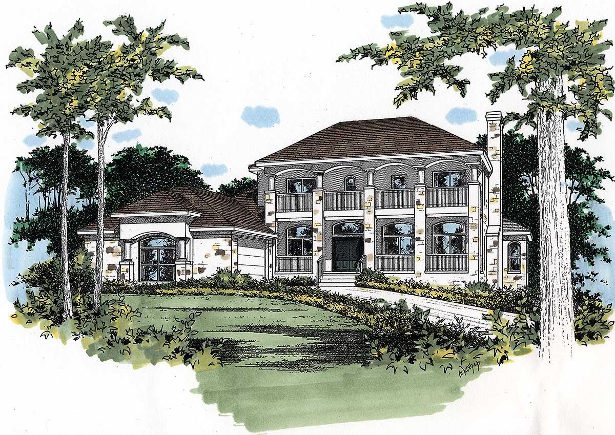 House plan exterior of a two-story home with a portico, balconies, stone accents, and a pitched roof.