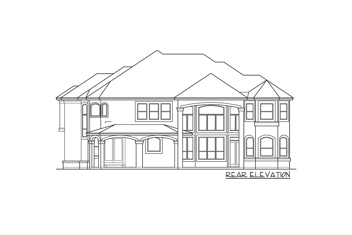 Rear elevation house plan showing multiple gables, arched windows, a covered porch with columns, and a large multi-pane window section.