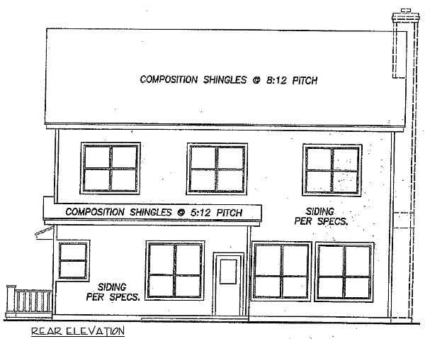Rear elevation drawing of a two-story house with composition shingles, multiple windows, and siding as per specs.