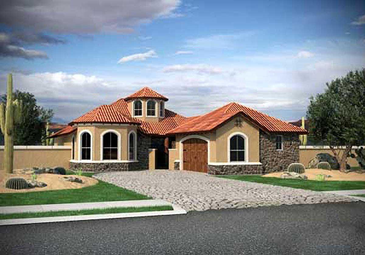 House plan exterior: Mediterranean style, one story, with arched windows, tile roof, and a prominent central turret.