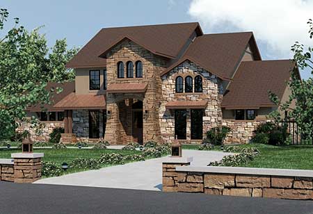 House plan exterior: Two-story home with stone facade, arched windows, steep rooflines, and covered entryway.