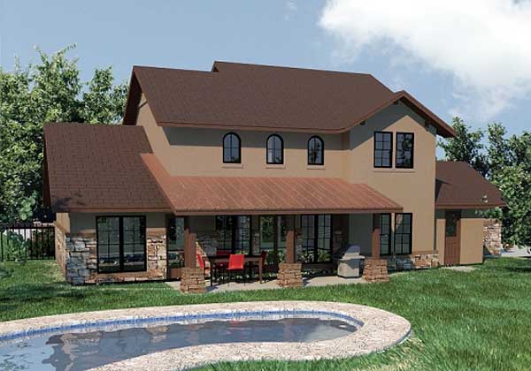 House plan exterior: Two-story home with stone accents, covered patio, and arched dormer windows.