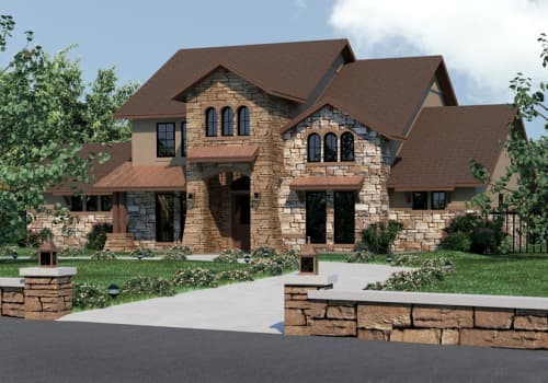 House plan exterior: Two-story home with stone facade, arched windows, covered entryway, and multi-gabled roof.