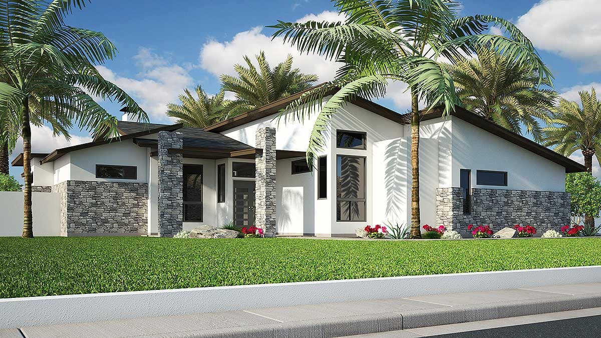 House plan exterior: Modern style, single story, stone accents, covered entry, and prominent rectangular windows.