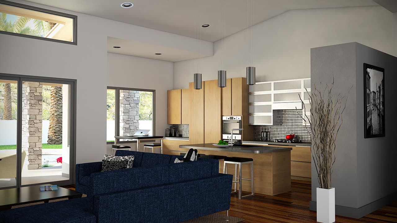 Interior rendering of an open concept living space with a modern kitchen featuring wood cabinetry, island, and a living area with sectional sofa.