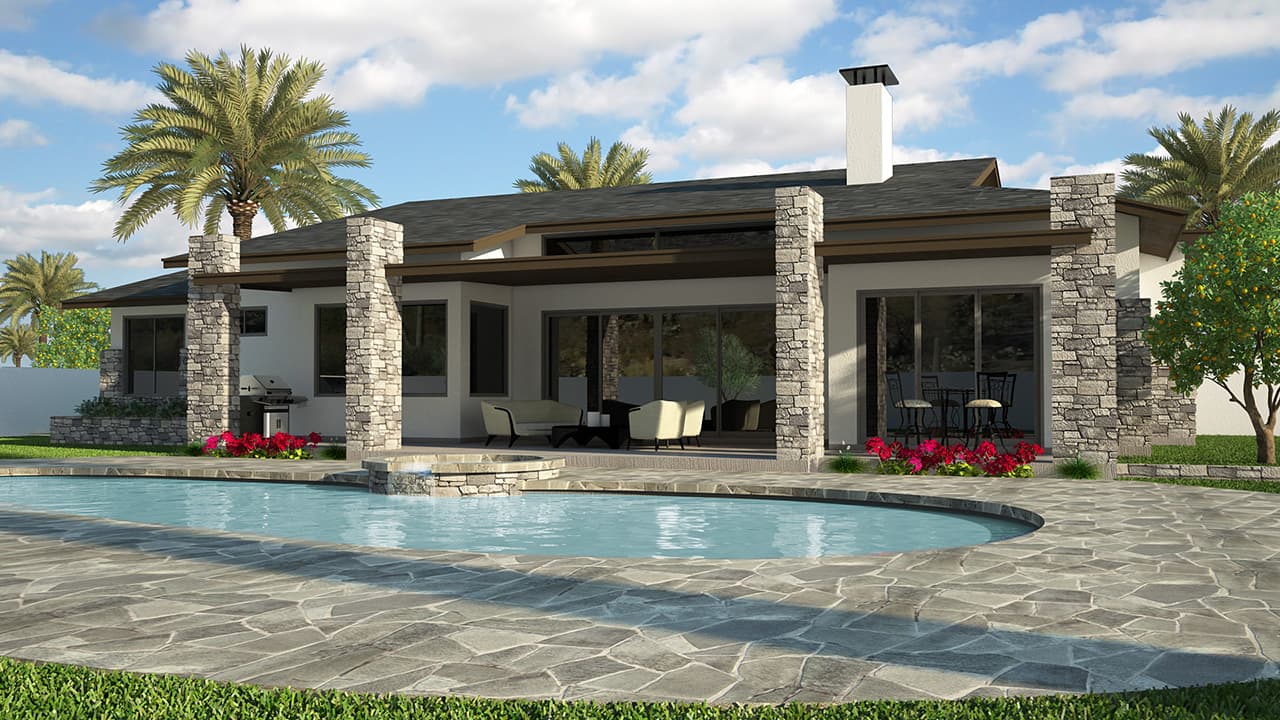 House plan exterior with stone pillars, patio, pool, and palm trees. Modern style, single story.