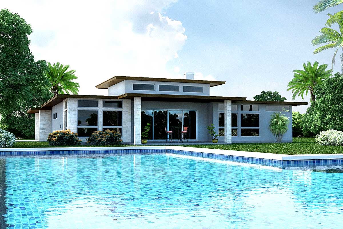 One-story Modern house plan exterior with flat roof, large windows, and covered entryway, beside swimming pool.