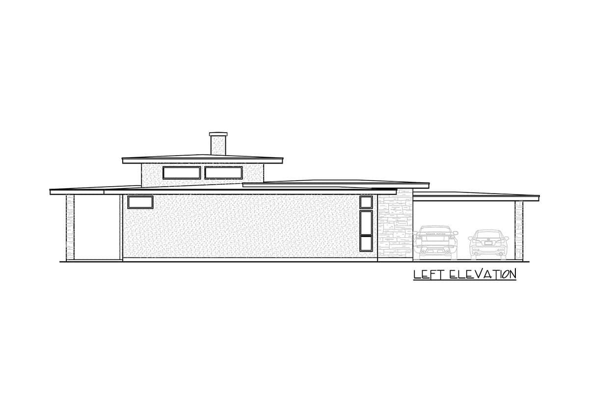 Left elevation house plan featuring a low-pitched roof, chimney, and attached carport with two vehicles.