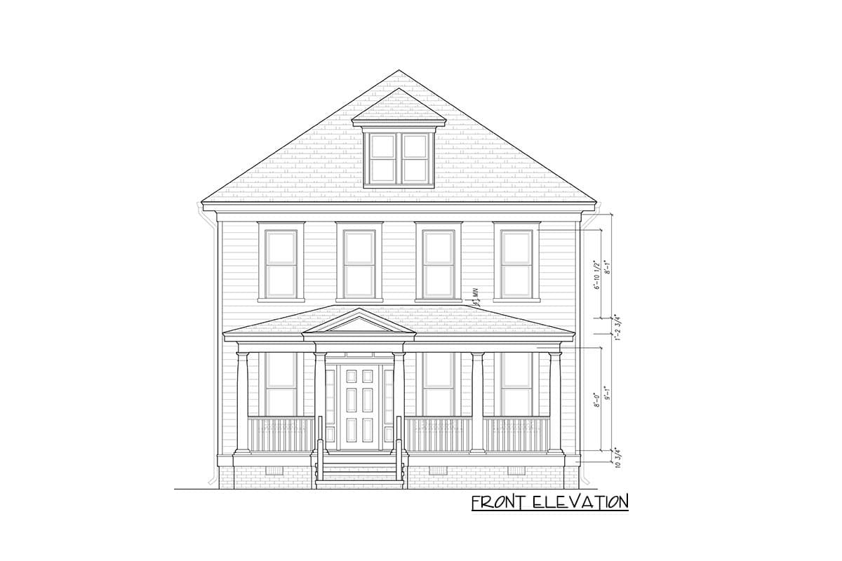 Front elevation house plan drawing of a two-story house with a prominent gabled dormer and a covered front porch.