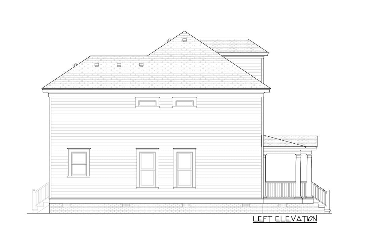 Left elevation drawing of a two-story house plan with a hipped roof, gabled dormers, and a covered front porch with columns.