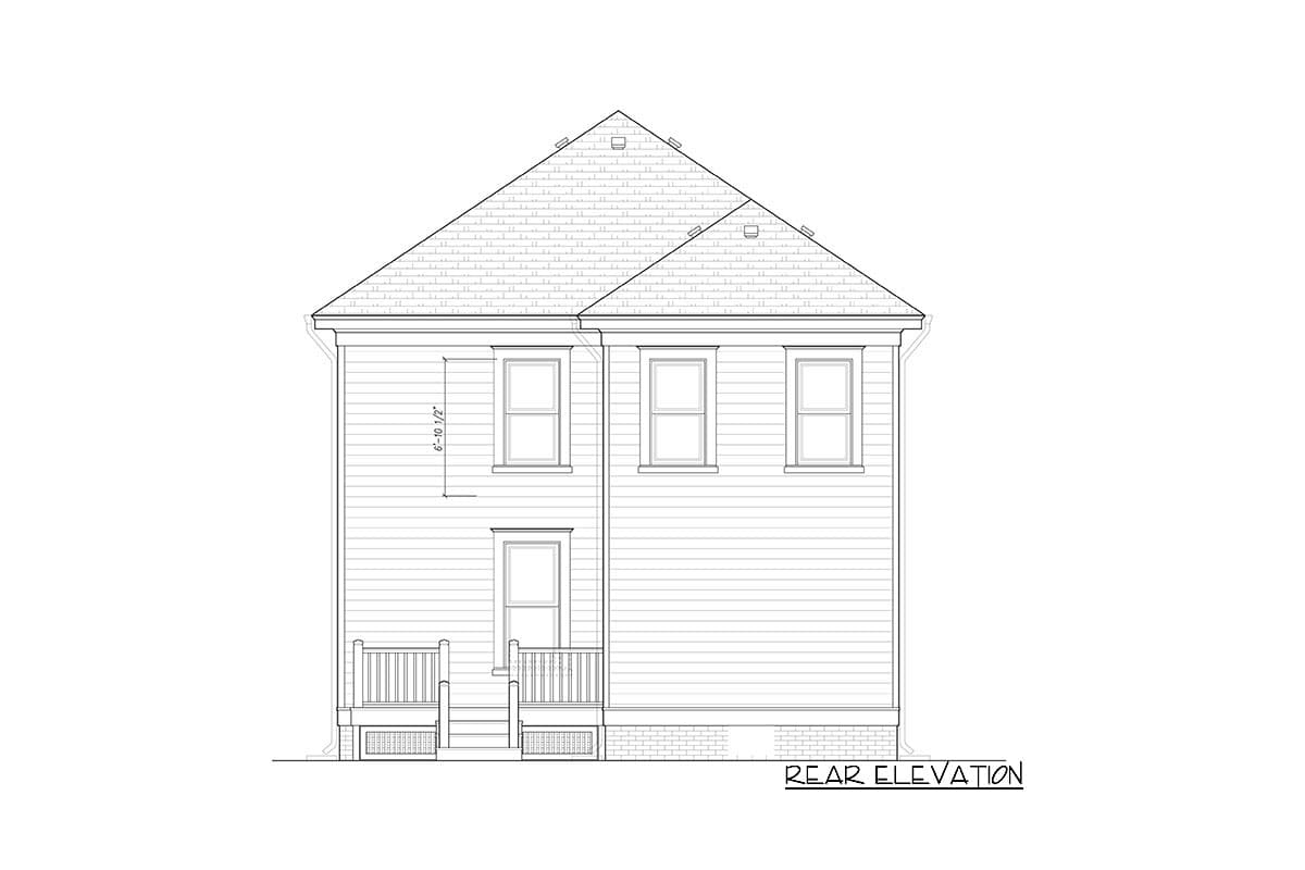 Rear elevation drawing of a two-story house with double-hung windows, a gabled roof, and two small covered porches.